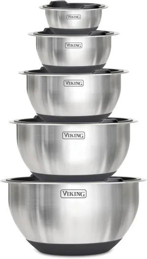 Viking Mixing Bowls Set, 10 Piece Stainless Steel Kitchen Cookware, Non-Slip Silicone Base, Includes Airtight Lids, Dishwasher Safe, Black