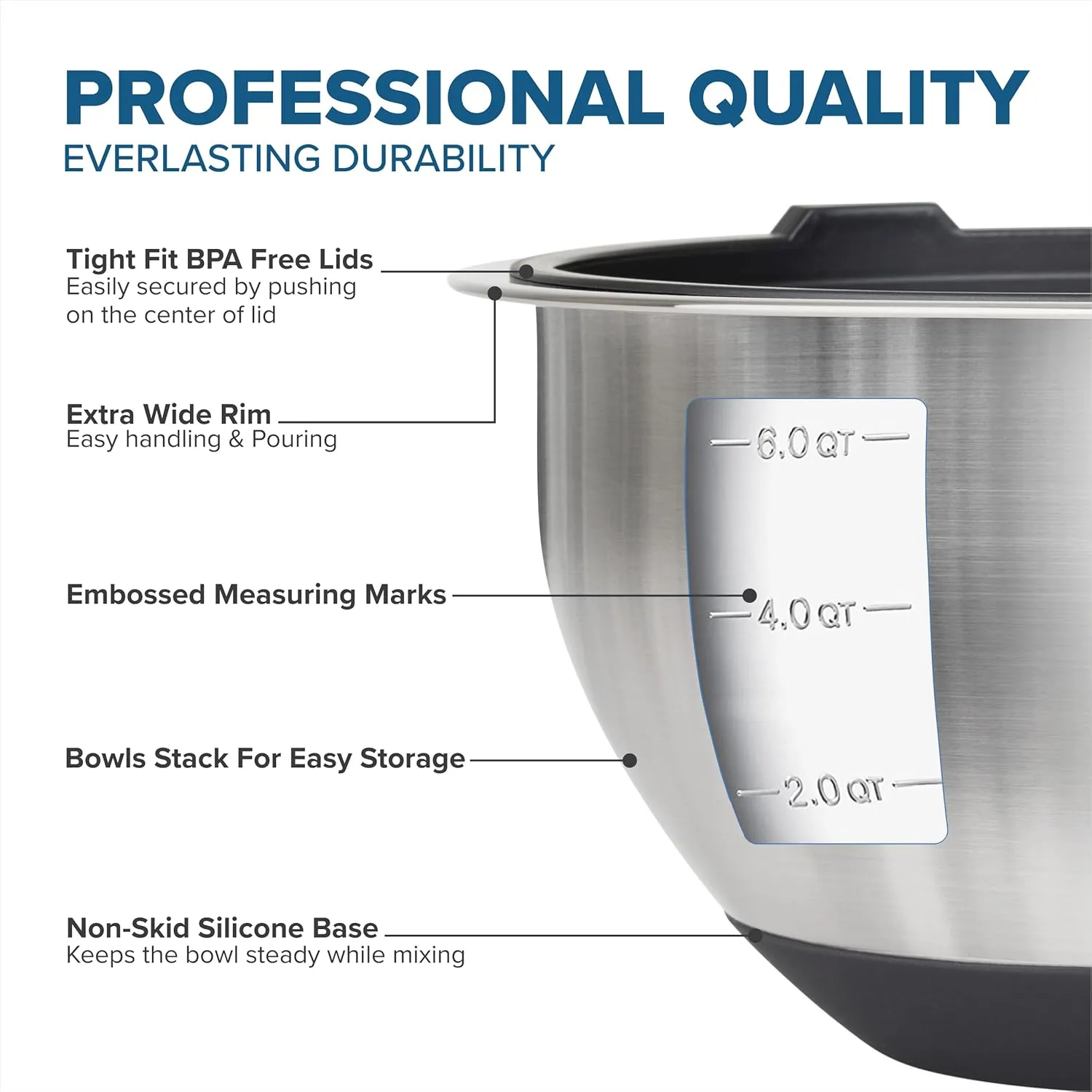Viking Mixing Bowls Set, 10 Piece Stainless Steel Kitchen Cookware, Non-Slip Silicone Base, Includes Airtight Lids, Dishwasher Safe, Black