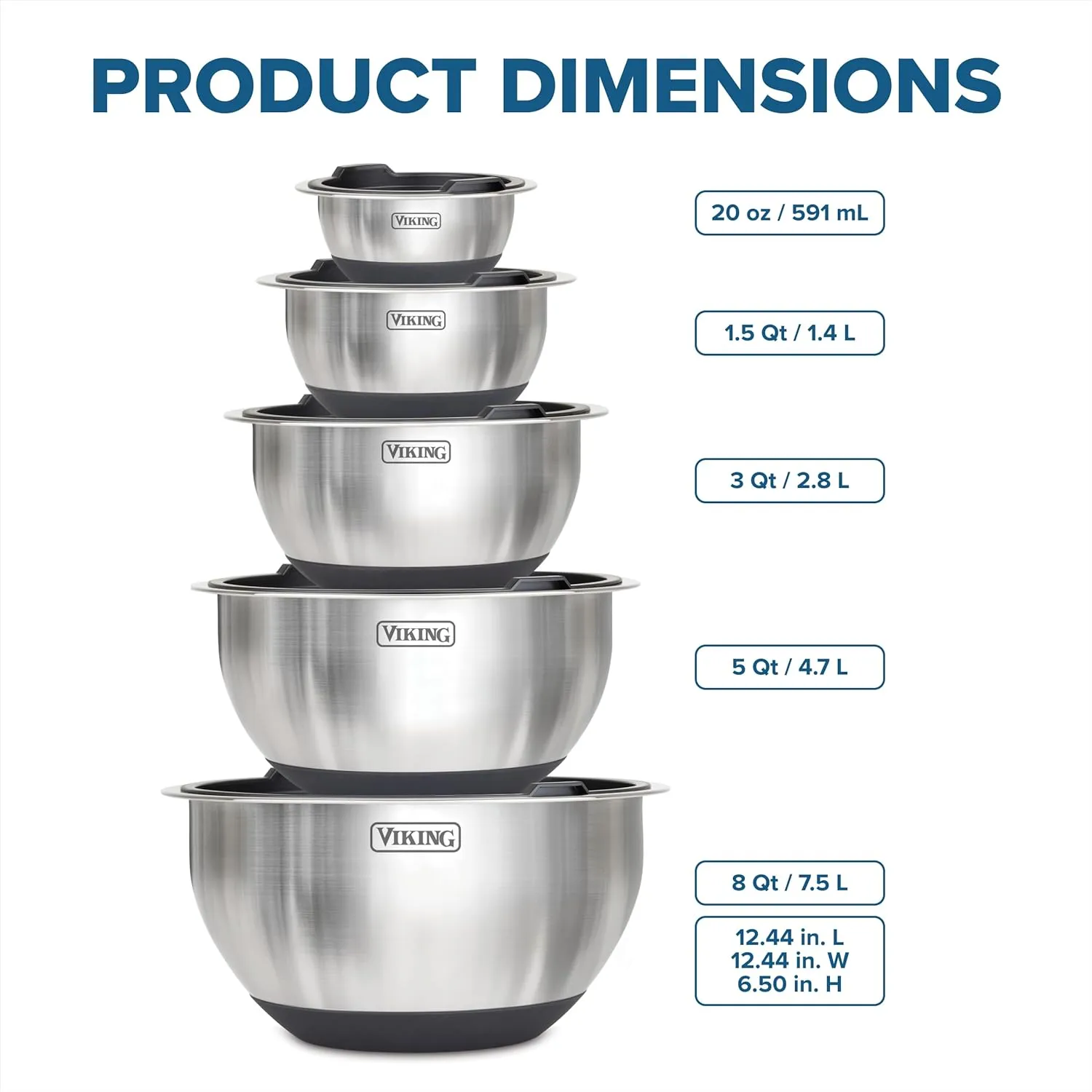 Viking Mixing Bowls Set, 10 Piece Stainless Steel Kitchen Cookware, Non-Slip Silicone Base, Includes Airtight Lids, Dishwasher Safe, Black