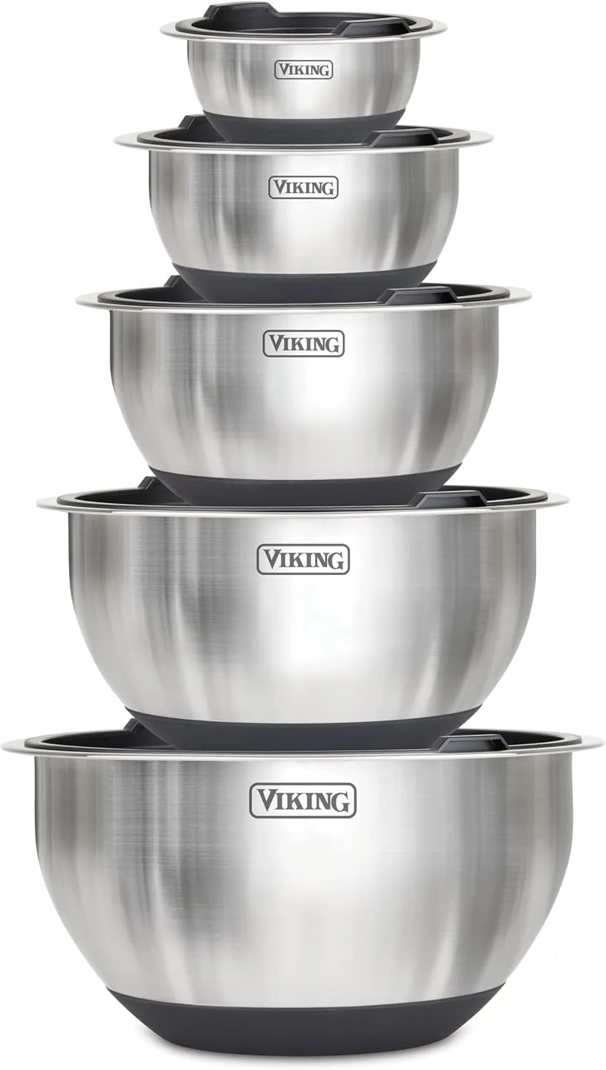 Viking Mixing Bowls Set, 10 Piece Stainless Steel Kitchen Cookware, Non-Slip Silicone Base, Includes Airtight Lids, Dishwasher Safe, Black
