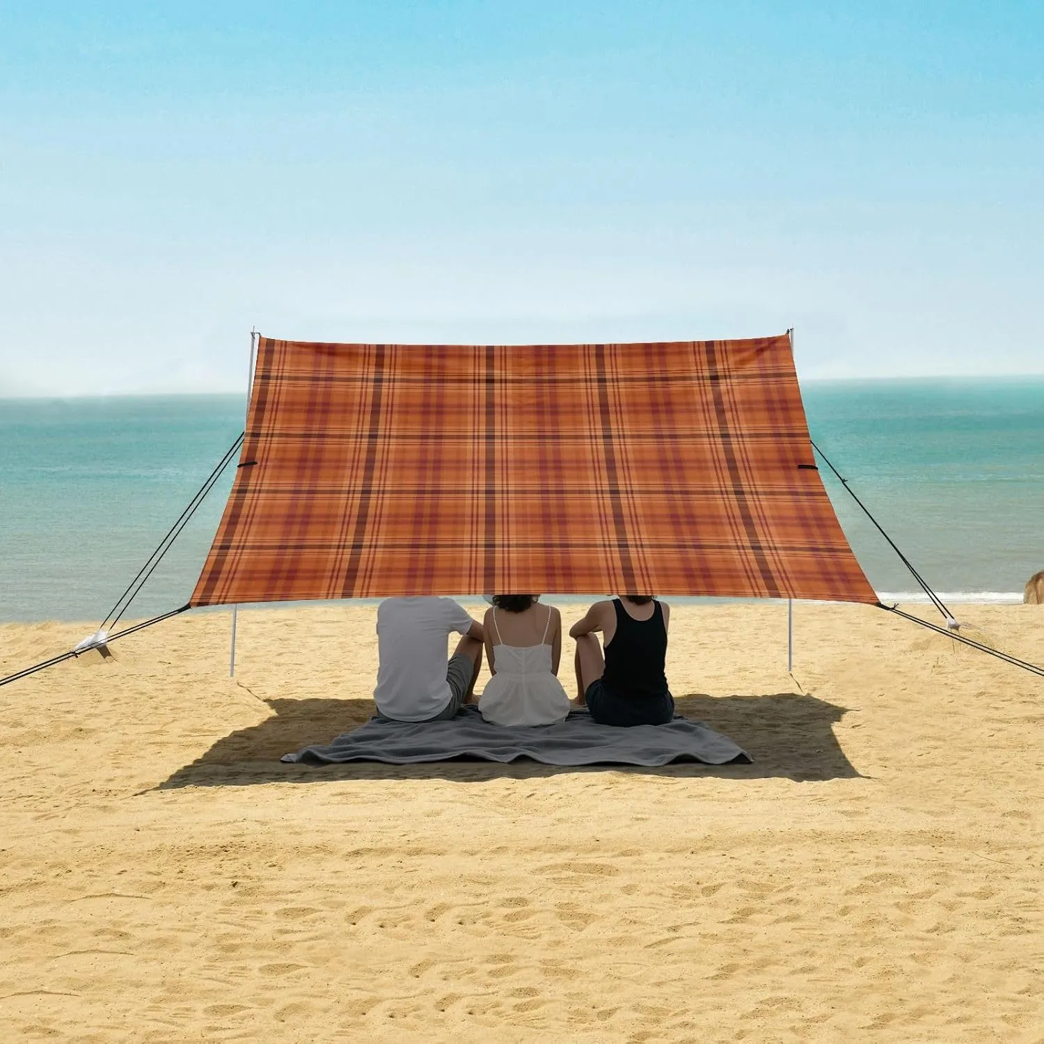Vintage Brown Plaid Pattern Beach Canopy Tent Anti-UV & Wind Resistant, Camping Sun Shelter Easy Setup Portable,Outdoor Shade Tents with Sandbags,Sand Shovels,Ground Pegs & Stability Poles