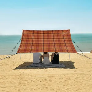 Vintage Brown Plaid Pattern Beach Canopy Tent Anti-UV & Wind Resistant, Camping Sun Shelter Easy Setup Portable,Outdoor Shade Tents with Sandbags,Sand Shovels,Ground Pegs & Stability Poles
