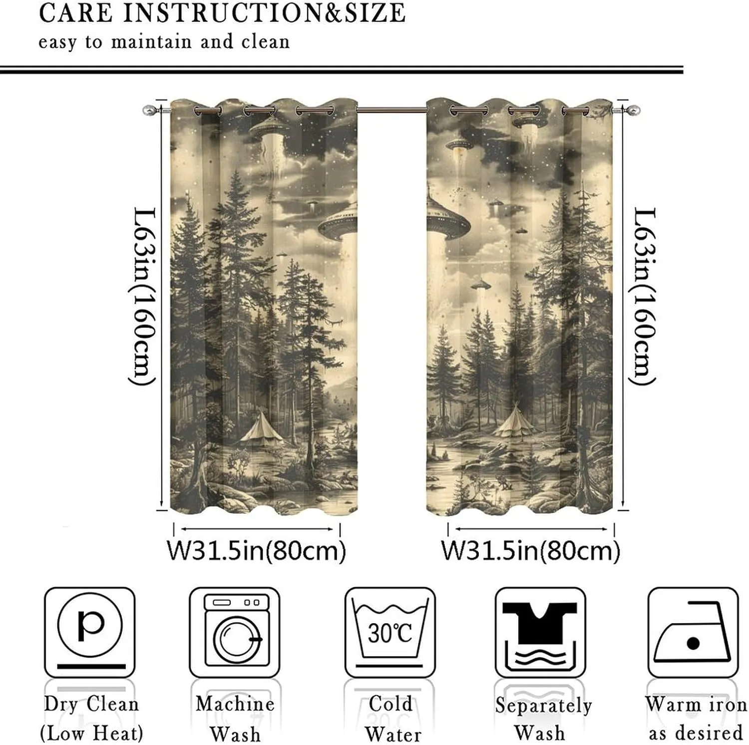 Vintage Jungle Stream Grommet Blackout Curtains for Bedroom, Fantasy UFO Camping Tent Thermal Insulated Curtains Room Darkening Window Drapes, 31.5W x 63L, 2 Panels