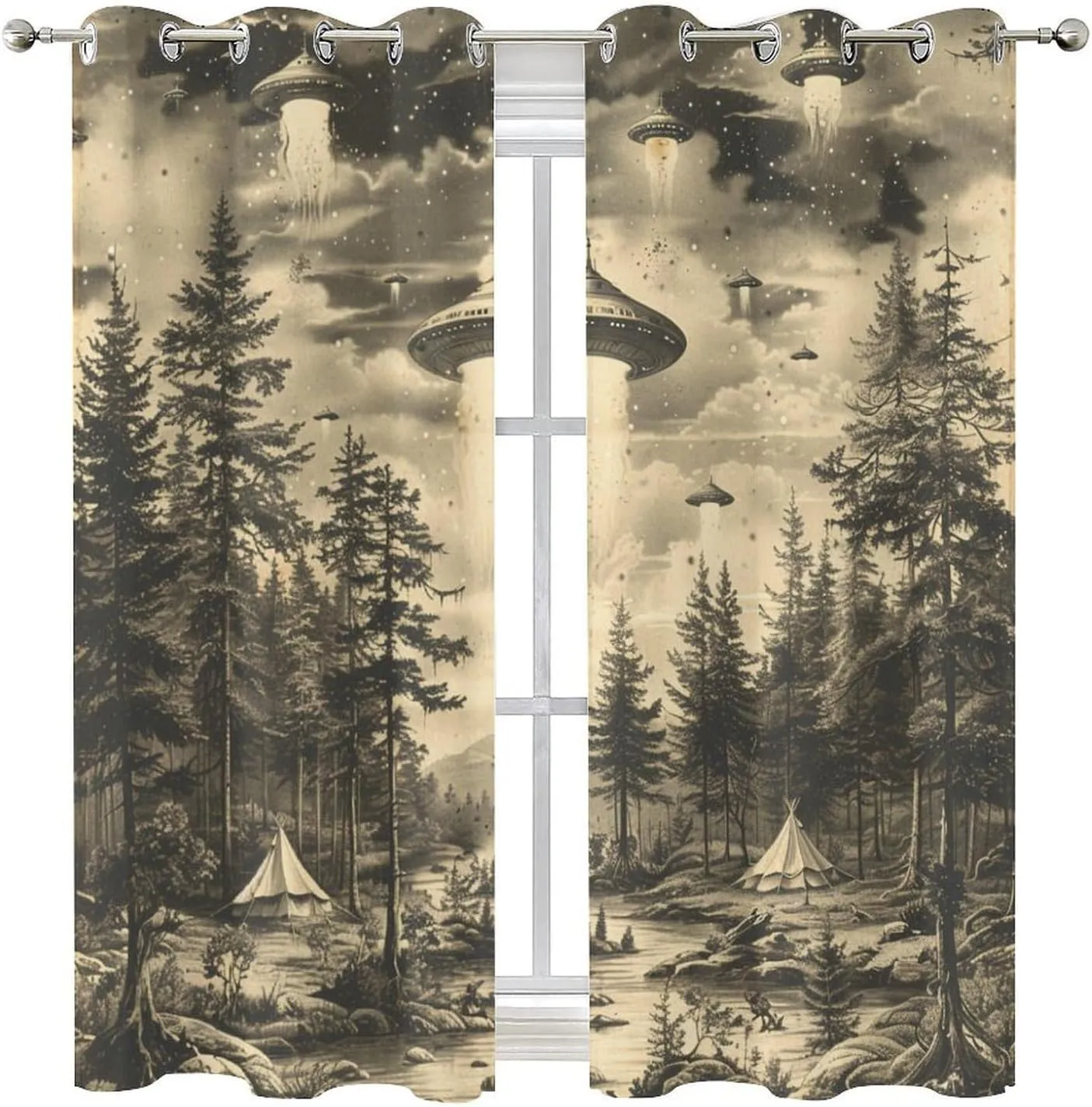 Vintage Jungle Stream Grommet Blackout Curtains for Bedroom, Fantasy UFO Camping Tent Thermal Insulated Curtains Room Darkening Window Drapes, 31.5W x 63L, 2 Panels