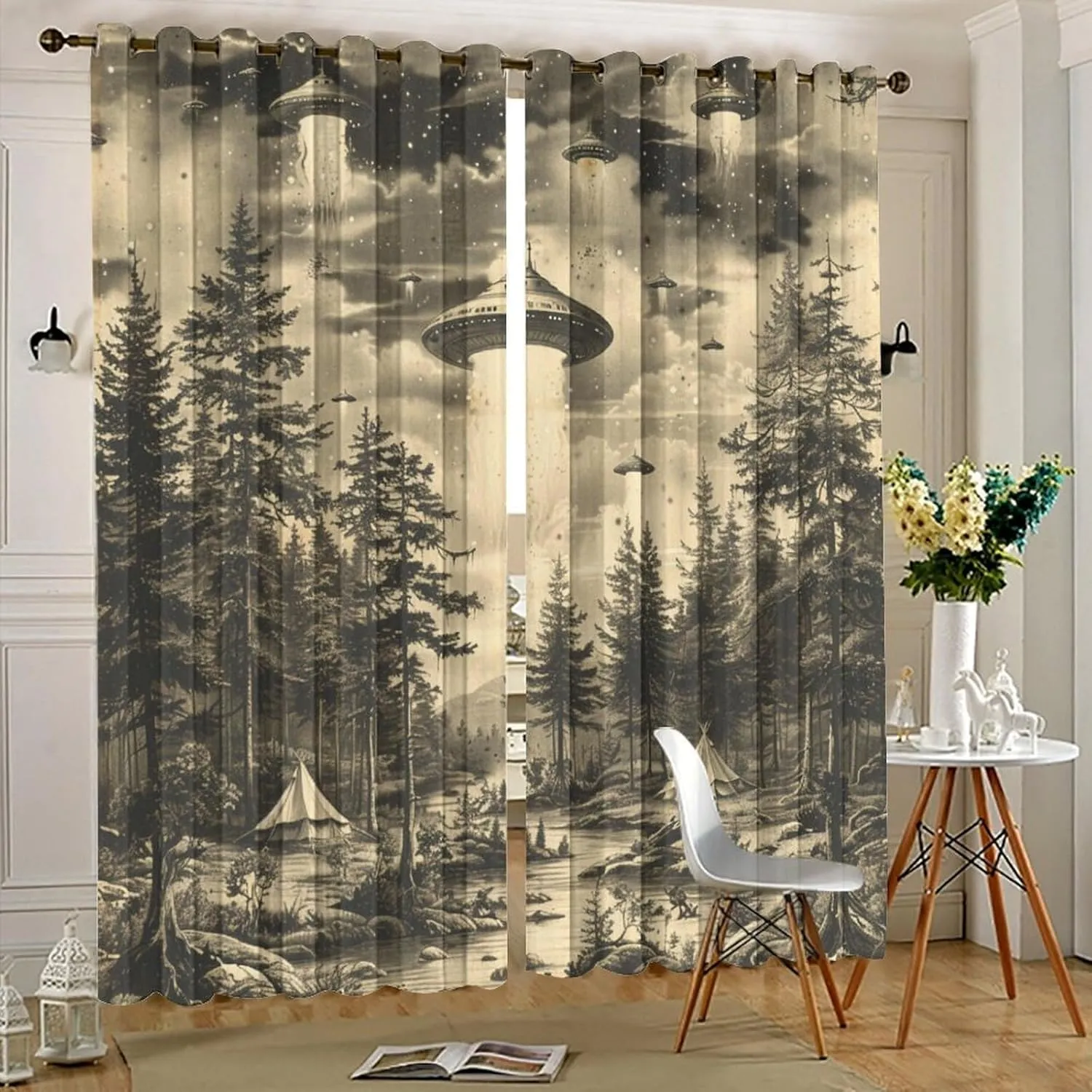 Vintage Jungle Stream Grommet Blackout Curtains for Bedroom, Fantasy UFO Camping Tent Thermal Insulated Curtains Room Darkening Window Drapes, 31.5W x 63L, 2 Panels