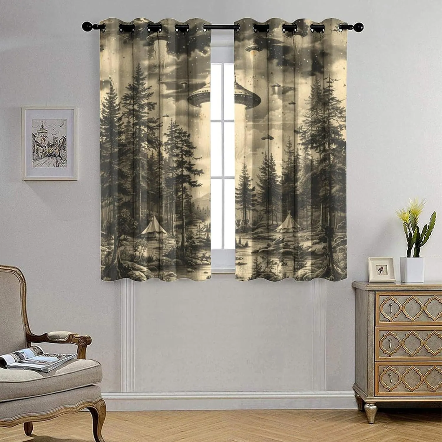 Vintage Jungle Stream Grommet Blackout Curtains for Bedroom, Fantasy UFO Camping Tent Thermal Insulated Curtains Room Darkening Window Drapes, 31.5W x 63L, 2 Panels