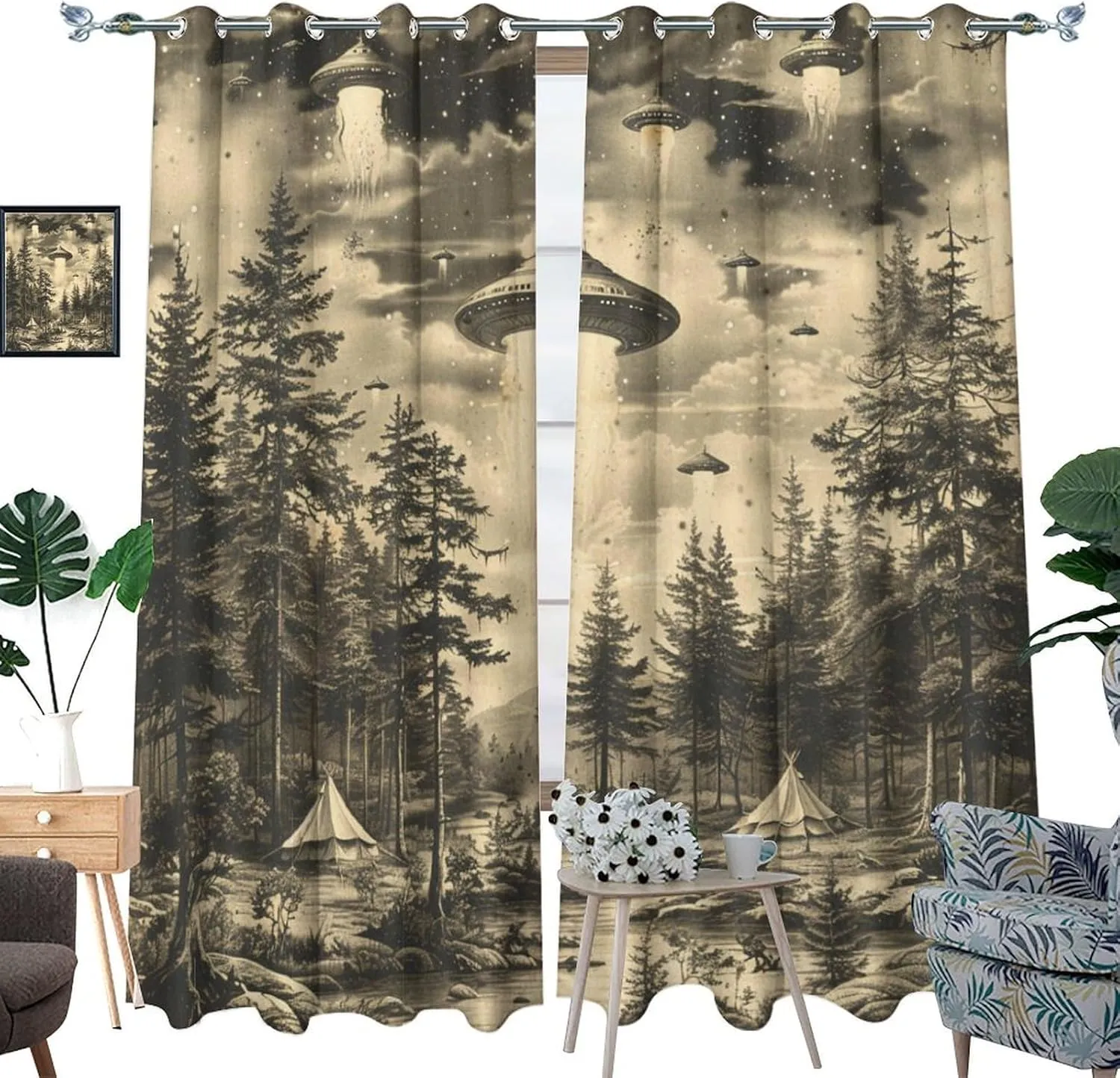 Vintage Jungle Stream Grommet Blackout Curtains for Bedroom, Fantasy UFO Camping Tent Thermal Insulated Curtains Room Darkening Window Drapes, 31.5W x 63L, 2 Panels