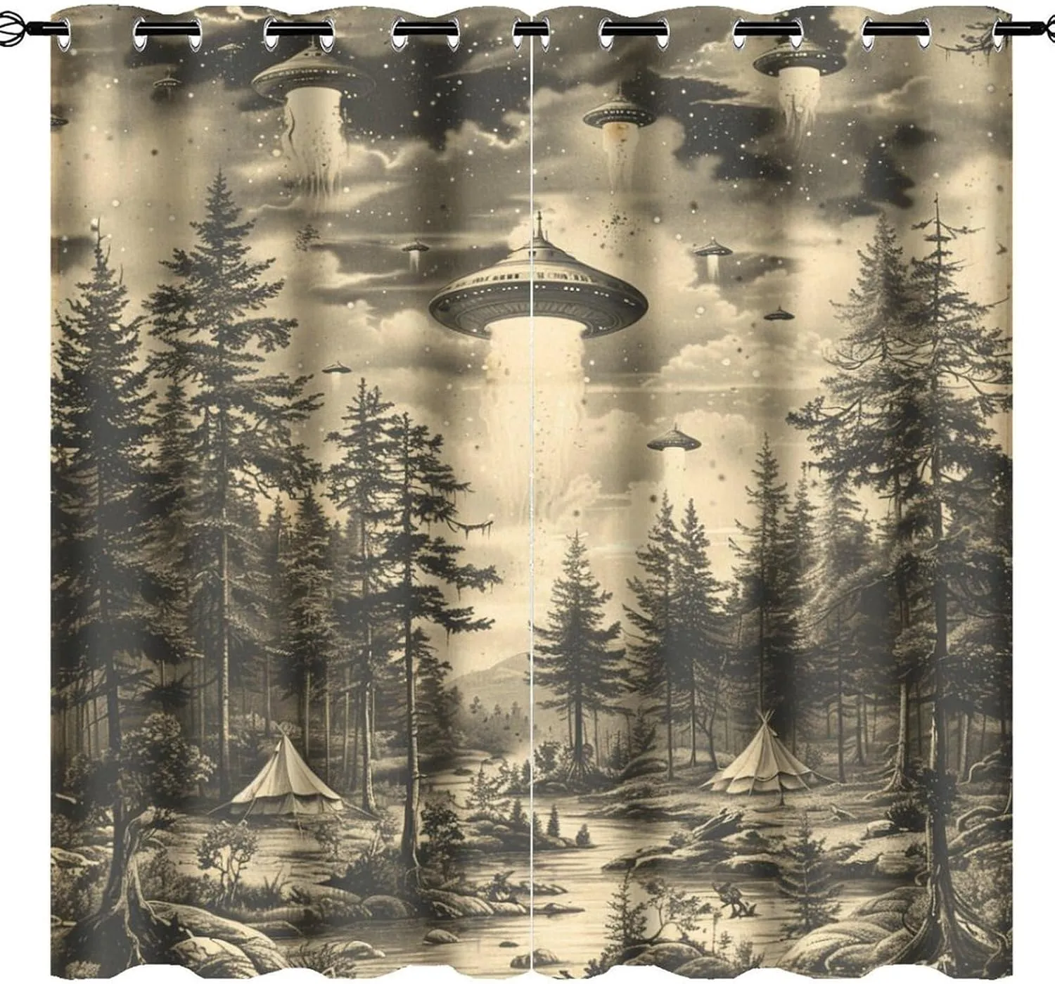 Vintage Jungle Stream Grommet Blackout Curtains for Bedroom, Fantasy UFO Camping Tent Thermal Insulated Curtains Room Darkening Window Drapes, 31.5W x 63L, 2 Panels