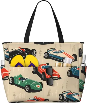 Vintage Race Car Beach Bag Speed Sport Car Pool Bag for Women Waterproof Large Travel Tote with Zipper Organizer for Swimming Vacation Essentials