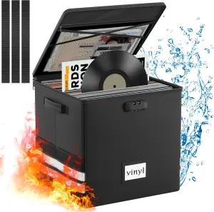 Vinyl Record Storage Box with Lock, Fireproof Waterproof Resistant Organizer for 100  12-Inch Records - Collapsible Storage Box with Handles for Album Collection - Black