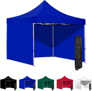 Vispronet 10x10 Pop Up Canopy Tent and 3 Side Walls – Commercial Grade Steel Frame with Water-Resistant Canopy Top and Sidewalls – Wheeled Canopy Bag and Stake Kit Included (Blue)