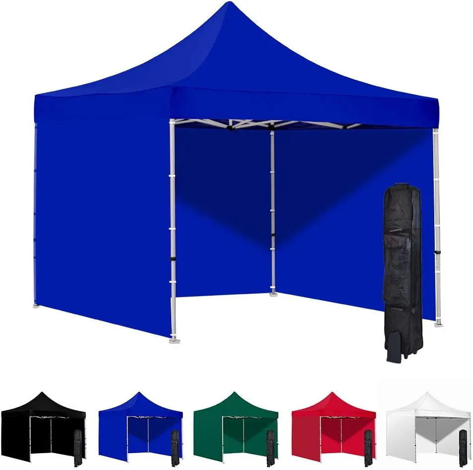 Vispronet 10x10 Pop Up Canopy Tent and 3 Side Walls – Commercial Grade Steel Frame with Water-Resistant Canopy Top and Sidewalls – Wheeled Canopy Bag and Stake Kit Included (Blue)