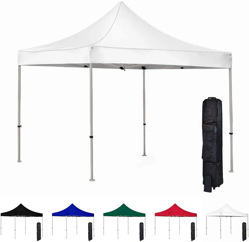 Vispronet 10x10 Pop Up Canopy Tent – Commercial Grade Steel Frame with Water-Resistant Polyester Fabric Top – Heavy Duty Wheeled Canopy Bag and Stake Kit Included (White)