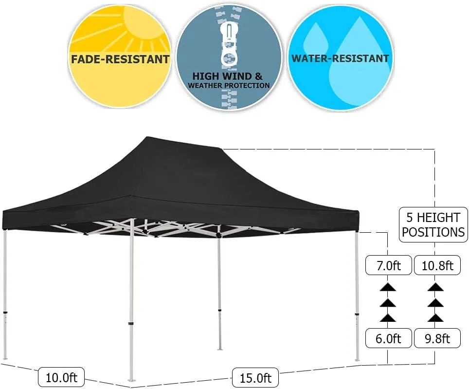 Vispronet 10x15 Instant Canopy Tent – Durable Steel Frame with Water-Resistant Polyester Fabric Top – Heavy Duty Wheeled Canopy Bag and Stake Kit Included (Black)