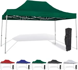 Vispronet 10x15 Pop Up Canopy Tent – Durable Aluminum Frame with Water-Resistant Polyester Fabric Top – Sturdy Wheeled Canopy Bag and Stake Kit Included (Green)