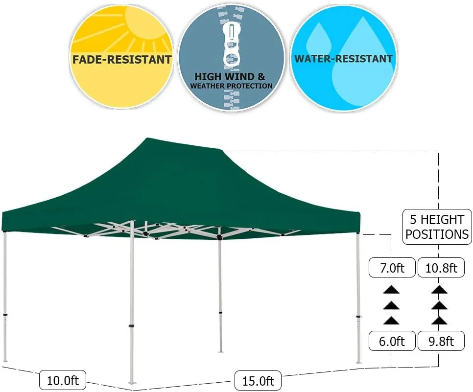 Vispronet 10x15 Pop Up Canopy Tent – Durable Aluminum Frame with Water-Resistant Polyester Fabric Top – Sturdy Wheeled Canopy Bag and Stake Kit Included (Green)
