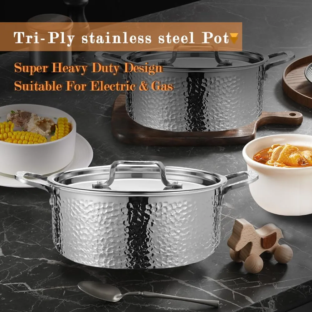 Vivicreate Tri-Ply Stainless Steel Stockpot Deep Cooking Pot with Hammered Exterior Compatible with All Stovetops Even Heat Distribution Durable Cookware for Soups Stews and More 3 QT