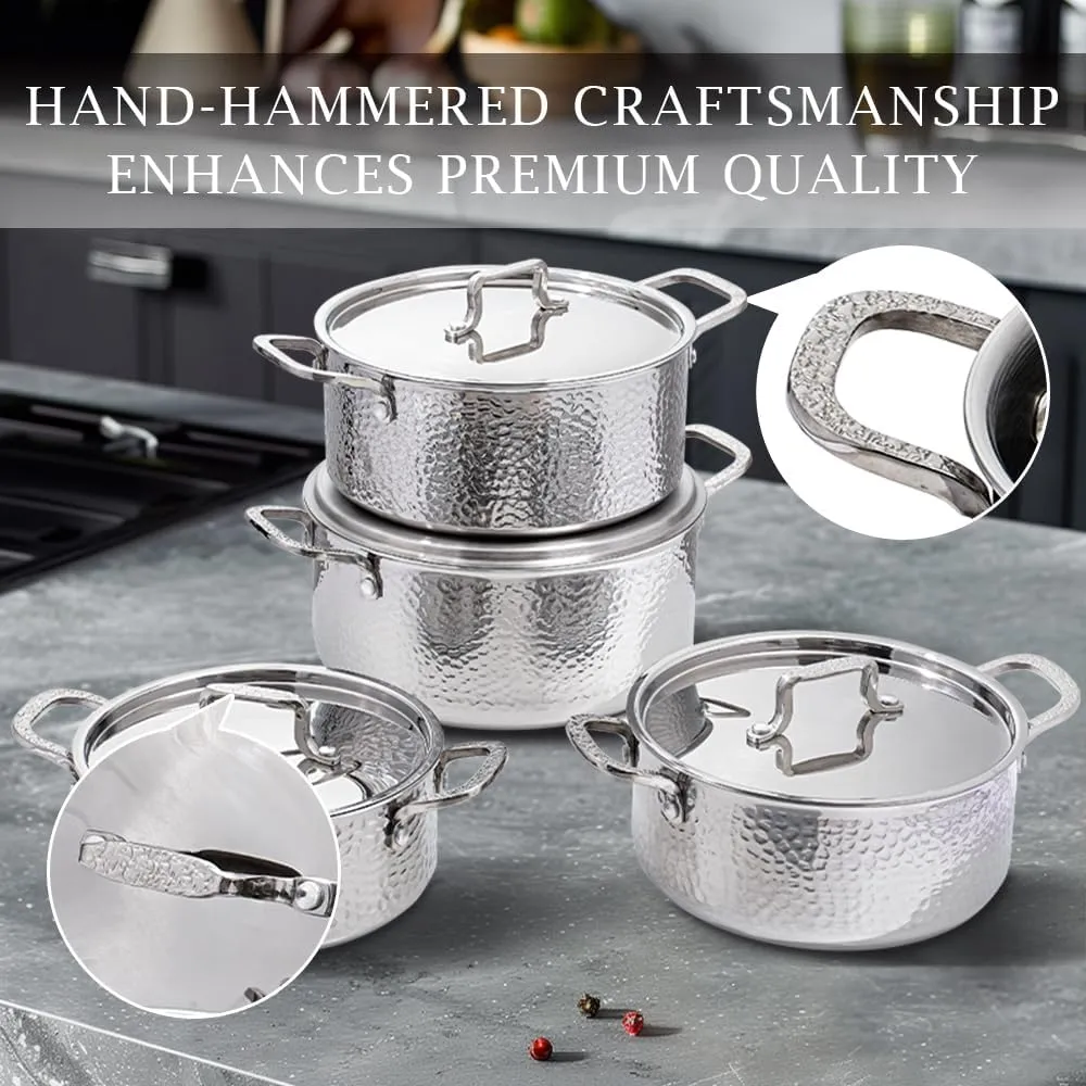 Vivicreate Tri-Ply Stainless Steel Stockpot Deep Cooking Pot with Hammered Exterior Compatible with All Stovetops Even Heat Distribution Durable Cookware for Soups Stews and More 3 QT