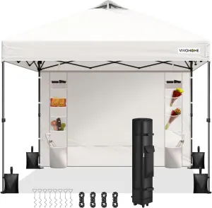 VIVOHOME 10x10ft Pop Up Canopy Tent with Sidewall and 6 Pockets, One Push Setup Outdoor Portable Shelter Tent Heavy Duty with Wheel Carry Bag and 4 Sandbags, White