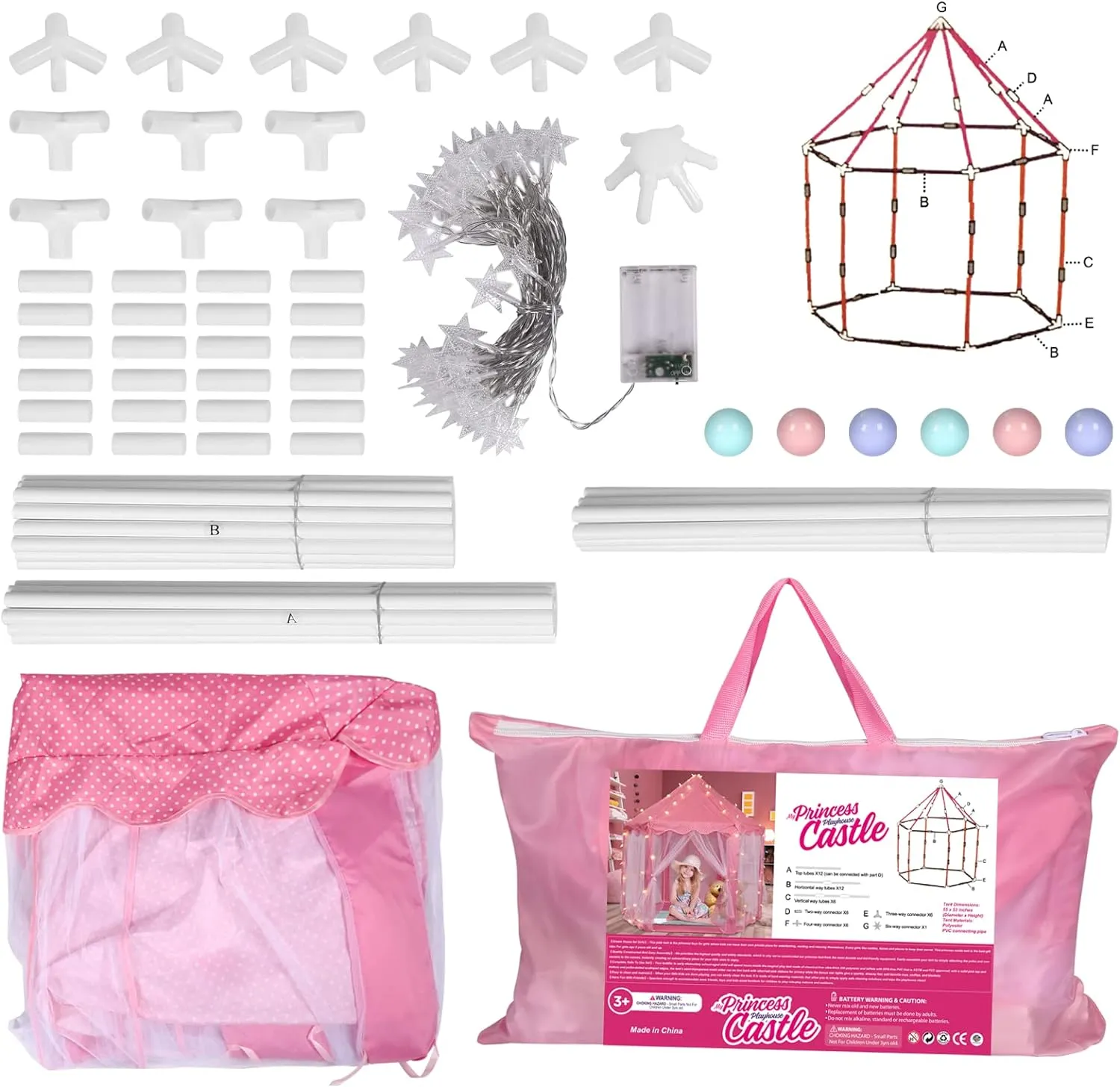 Volscity Princess Tent for Girls,Kids Castle Play Tent with LED Star Lights,Large Playhouse Girl Toy Gifts Age 3 ,Indoor and Outdoor Games 55.5"x 53"(DxH) Pink (Pink)