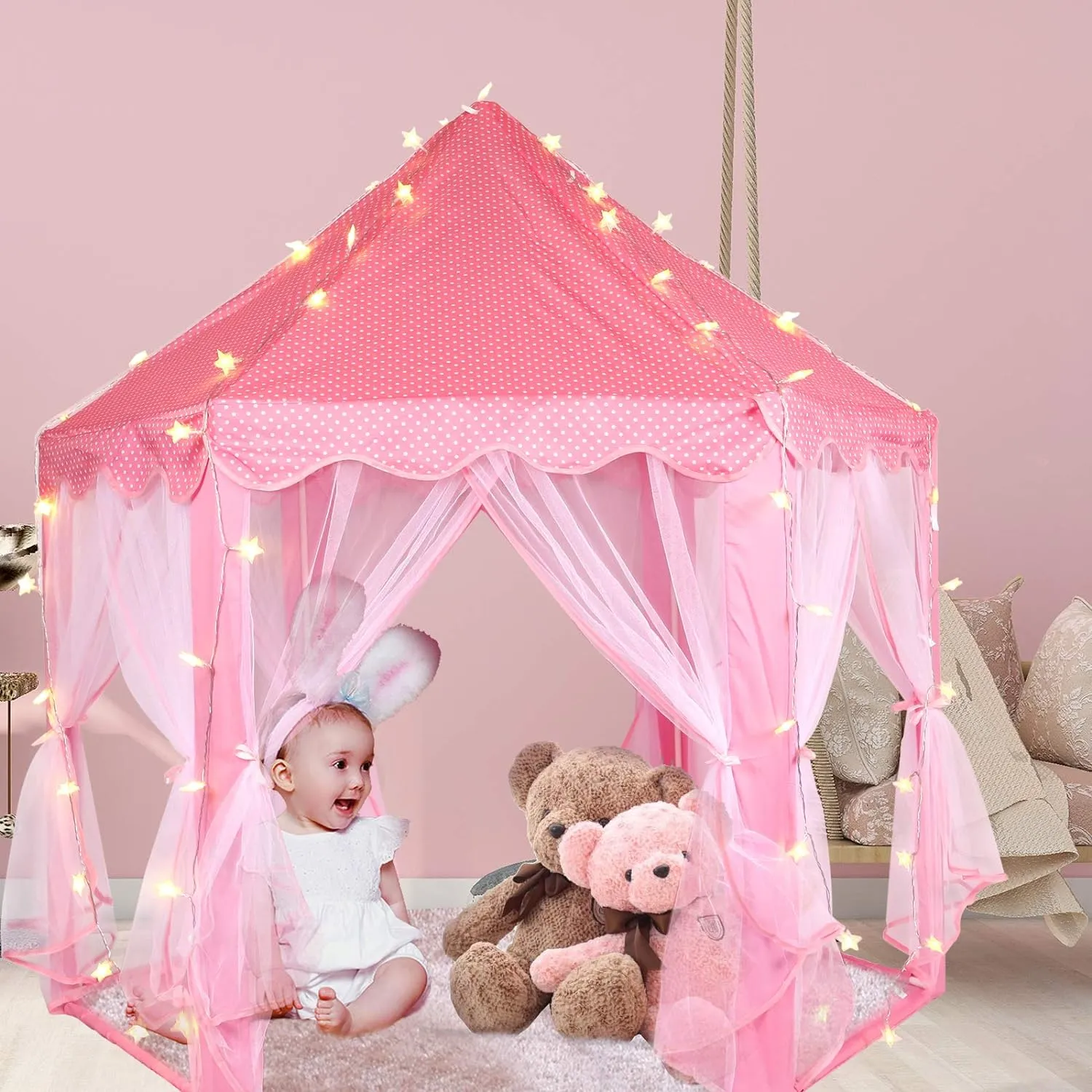 Volscity Princess Tent for Girls,Kids Castle Play Tent with LED Star Lights,Large Playhouse Girl Toy Gifts Age 3 ,Indoor and Outdoor Games 55.5"x 53"(DxH) Pink (Pink)