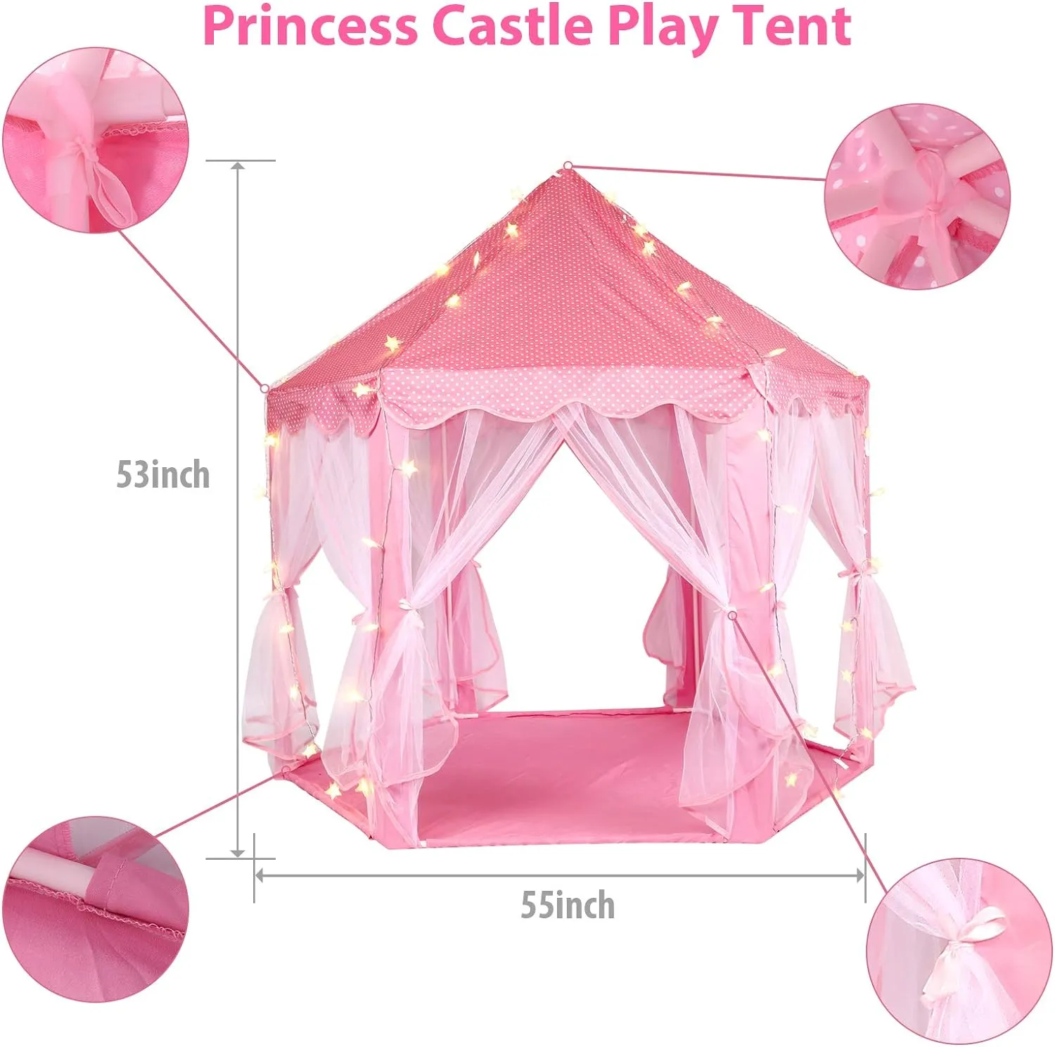 Volscity Princess Tent for Girls,Kids Castle Play Tent with LED Star Lights,Large Playhouse Girl Toy Gifts Age 3 ,Indoor and Outdoor Games 55.5"x 53"(DxH) Pink (Pink)