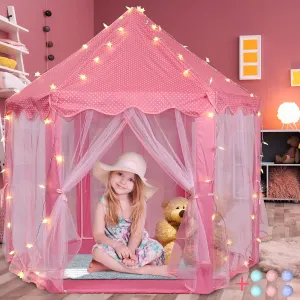 Volscity Princess Tent for Girls,Kids Castle Play Tent with LED Star Lights,Large Playhouse Girl Toy Gifts Age 3 ,Indoor and Outdoor Games 55.5"x 53"(DxH) Pink (Pink)