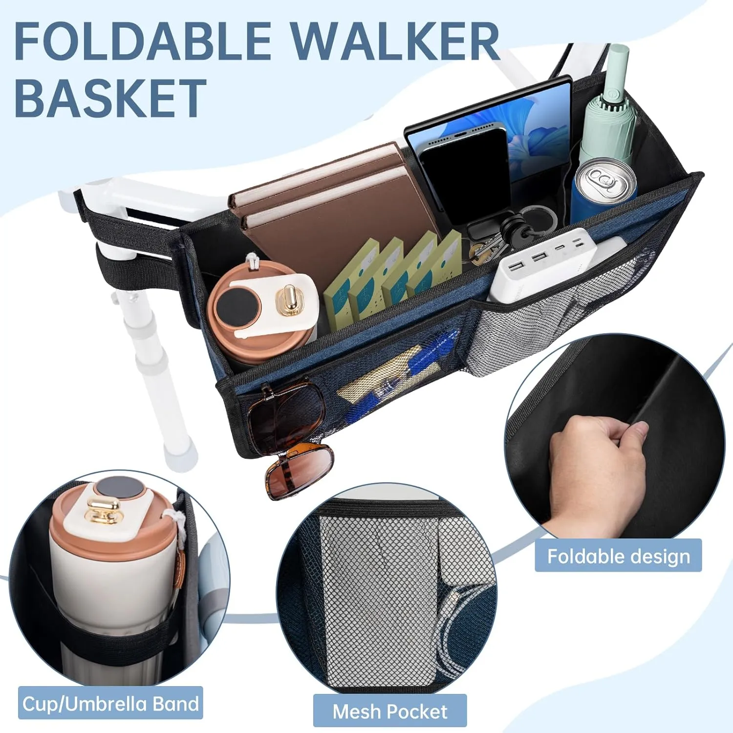 Walker Basket for Folding Walker with Cup Holder, Large Capacity Foldable Storage Walker Bag with Never Tipping Over for Seniors (Blue)