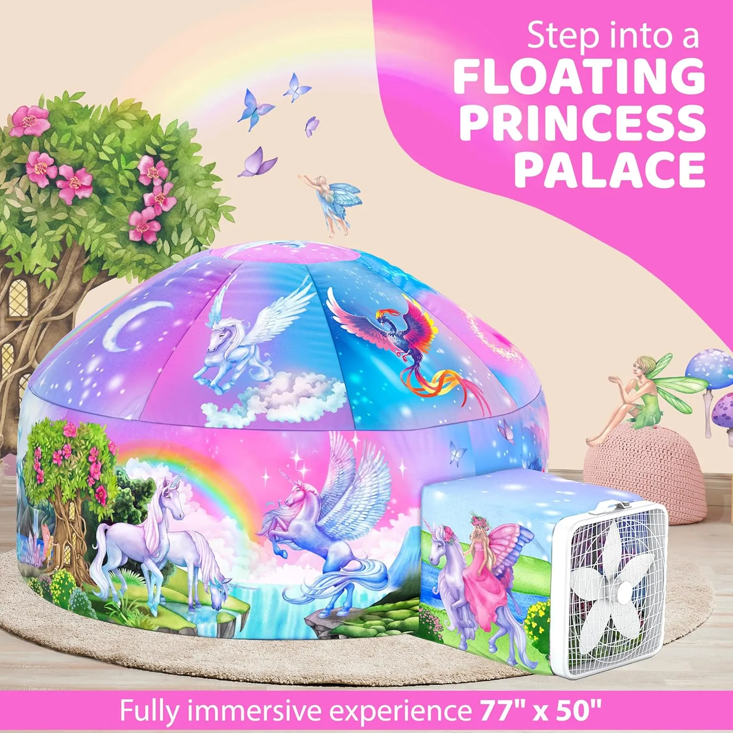 W&O Enchanted Aerodome with LED Lights - Inflatable Princess Castle for Kids Aged 3-12, Inflates in Seconds Creating an Immersive Fairytale Experience (Fan Not Included)