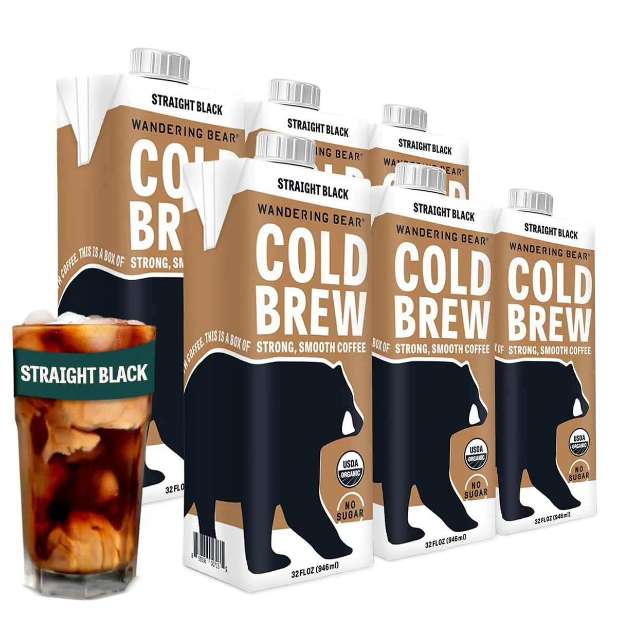 Wandering Bear Straight Black Organic Cold Brew Coffee, 32 fl oz, 6 pack - Extra Strong, Bold, Smooth, Unsweetened, Shelf-Stable, Ready to Drink, 100% Organic, Iced Cold Brewed Coffee Drinks