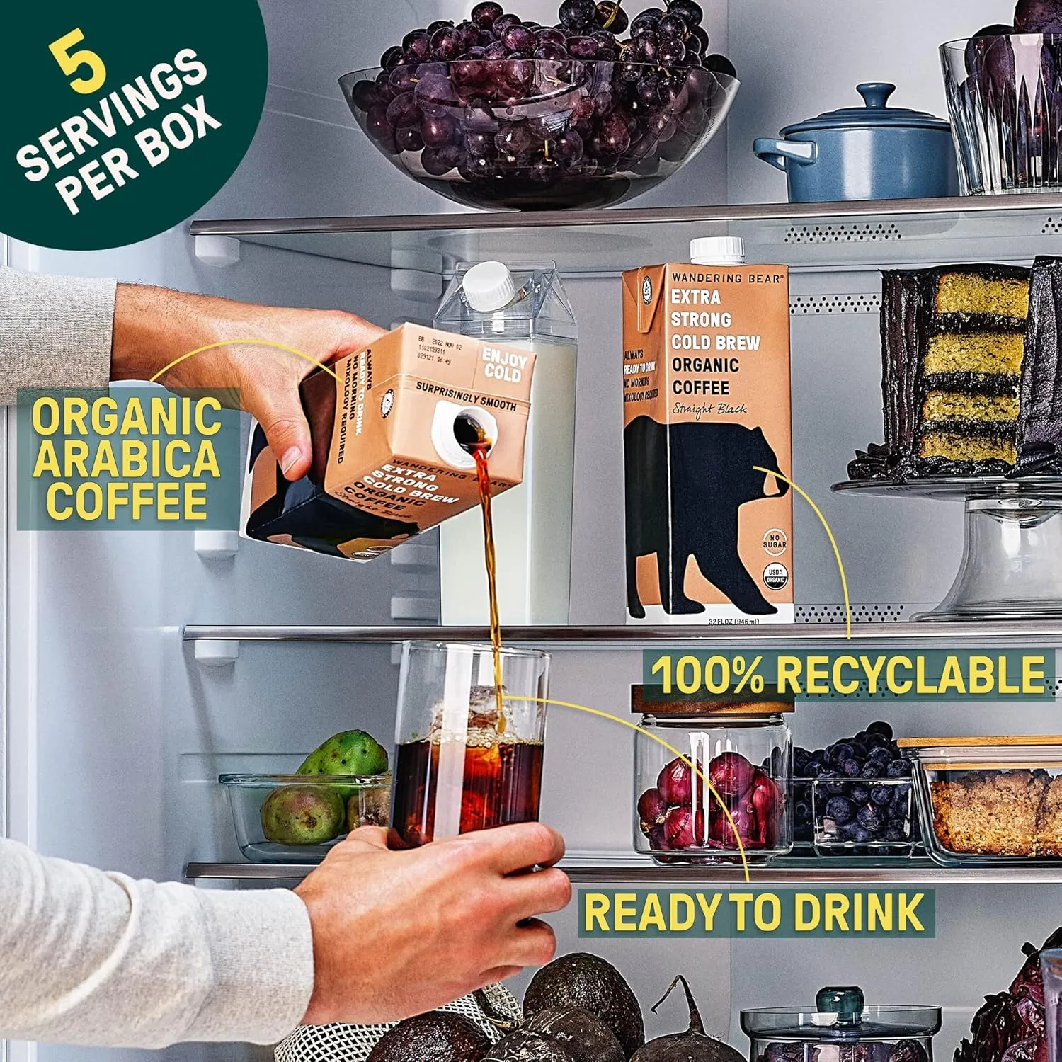 Wandering Bear Straight Black Organic Cold Brew Coffee, 32 fl oz, 6 pack - Extra Strong, Bold, Smooth, Unsweetened, Shelf-Stable, Ready to Drink, 100% Organic, Iced Cold Brewed Coffee Drinks