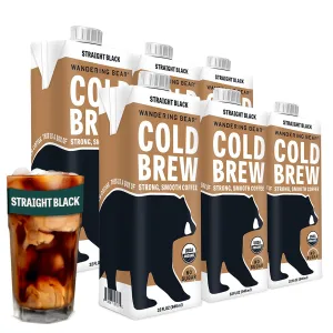 Wandering Bear Straight Black Organic Cold Brew Coffee, 32 fl oz, 6 pack - Extra Strong, Bold, Smooth, Unsweetened, Shelf-Stable, Ready to Drink, 100% Organic, Iced Cold Brewed Coffee Drinks