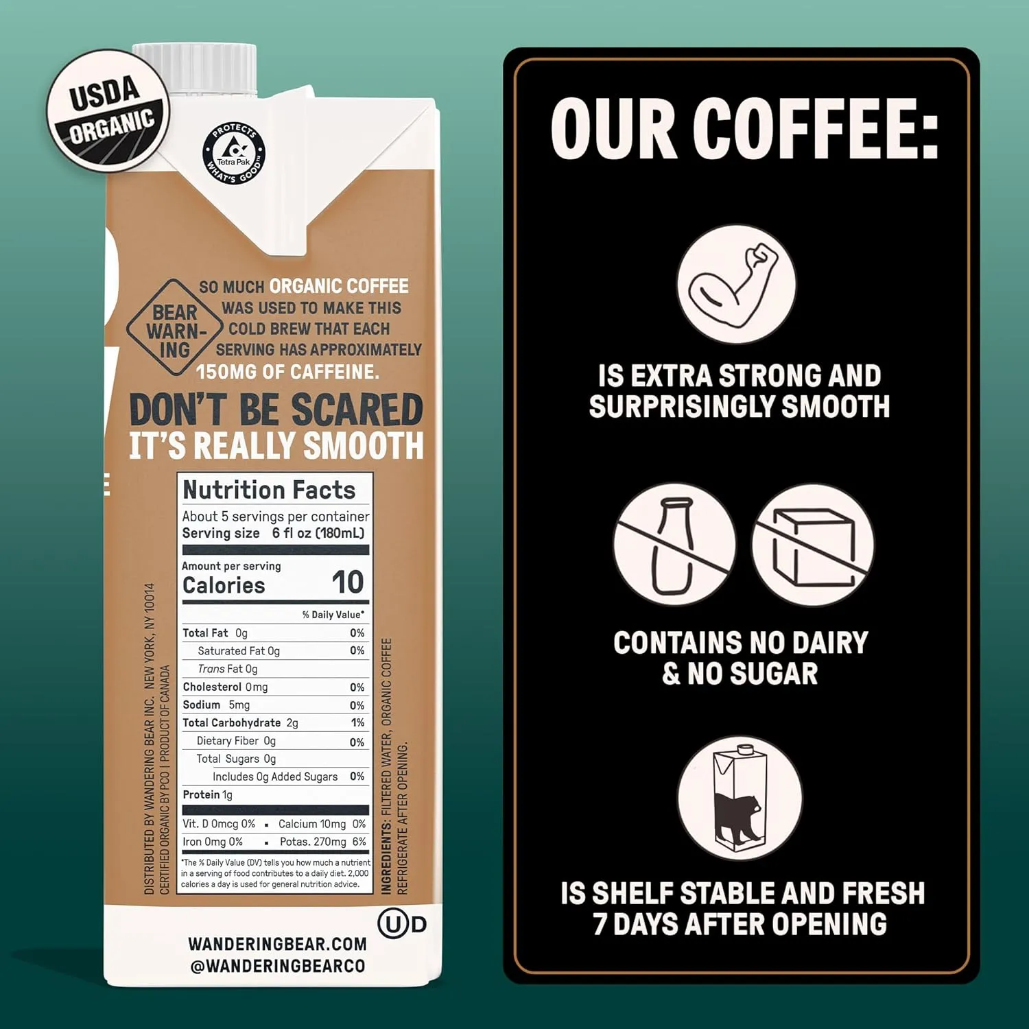 Wandering Bear Straight Black Organic Cold Brew Coffee, 32 fl oz, 6 pack - Extra Strong, Bold, Smooth, Unsweetened, Shelf-Stable, Ready to Drink, 100% Organic, Iced Cold Brewed Coffee Drinks