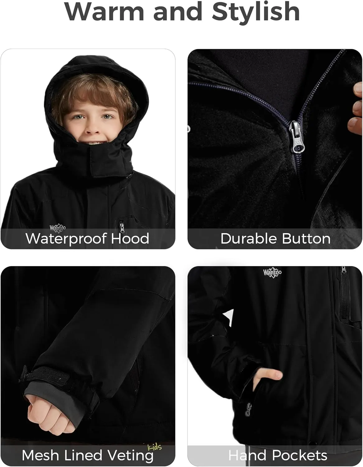 Wantdo Boy's Waterproof Ski Jacket Fleece Snowboarding Jackets Warm Thick Winter Coat Hooded Raincoats