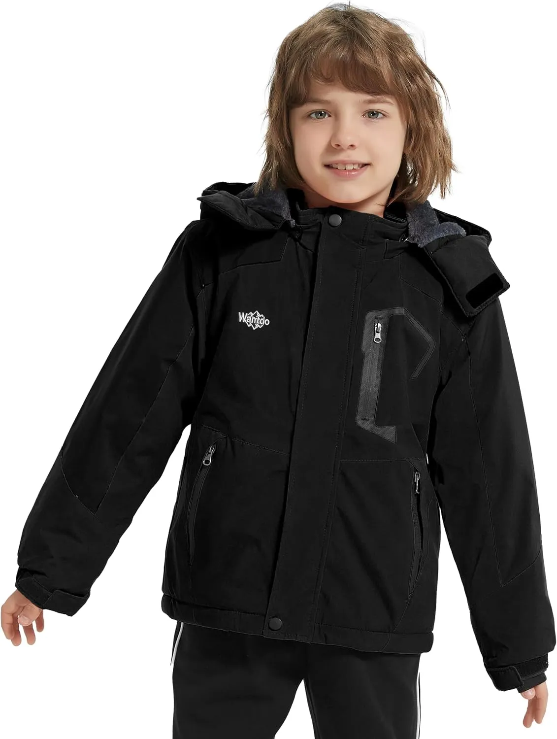 Wantdo Boy's Waterproof Ski Jacket Fleece Snowboarding Jackets Warm Thick Winter Coat Hooded Raincoats
