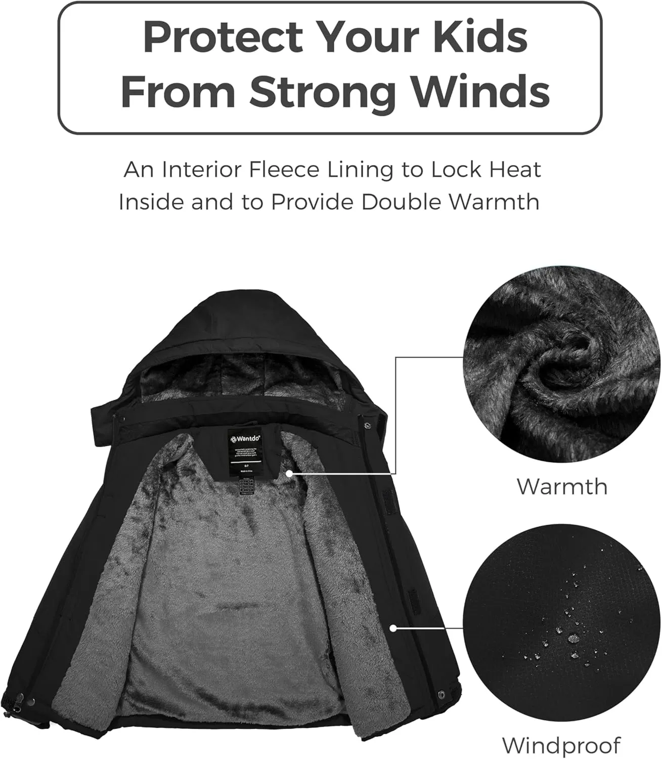 Wantdo Boy's Waterproof Ski Jacket Fleece Snowboarding Jackets Warm Thick Winter Coat Hooded Raincoats