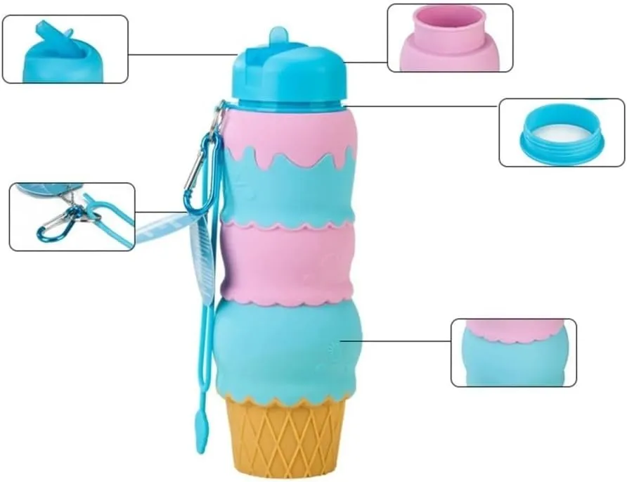 Water Bottle Sports Silicone with Handle and Straw Ice Cream Kettle Outdoor Water Bottle Cartoon Cute Portable Water Cup
