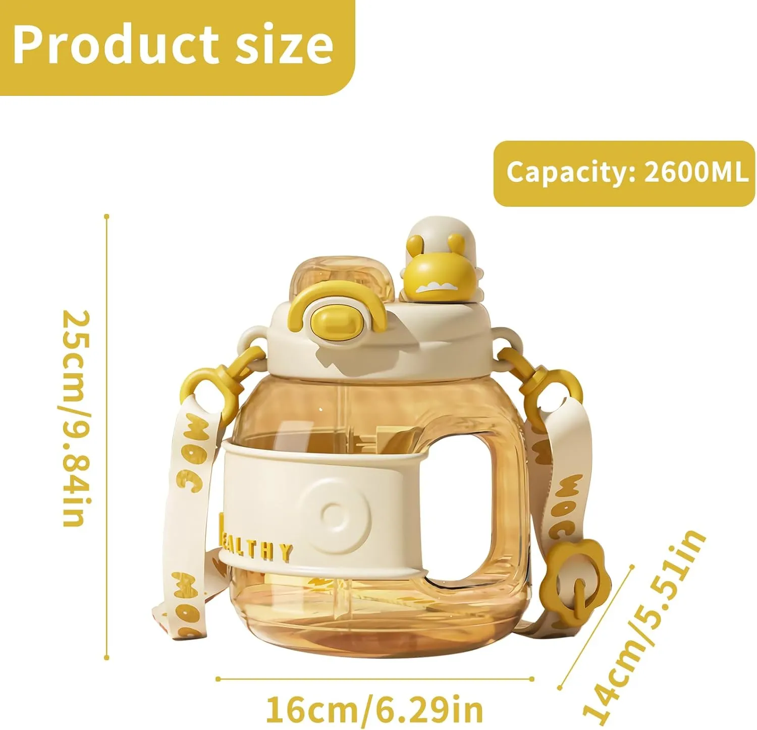 Water Bottle with Straw 87oz Kawaii Water Bottles with Adjustable Strap for Women,Teen Girl School Office Gifts,Cute Portable Travel Sport Water Bottles - Yellow