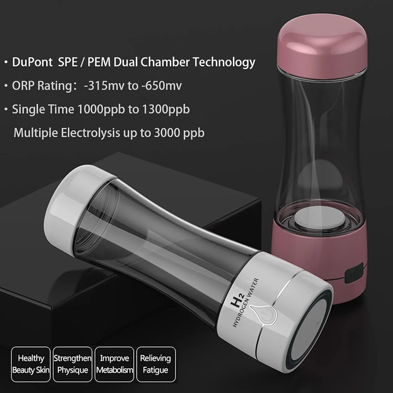 Water Purifiers, H2 Hydrogen-Rich Alkaline Water Bottle Portable Hydrogen Water Generator Ionizer SPE & PEM Dual Chamber Technology Make Max 3000 PPB Discharge Chlorine and OzoneGlass Bottle 350Ml