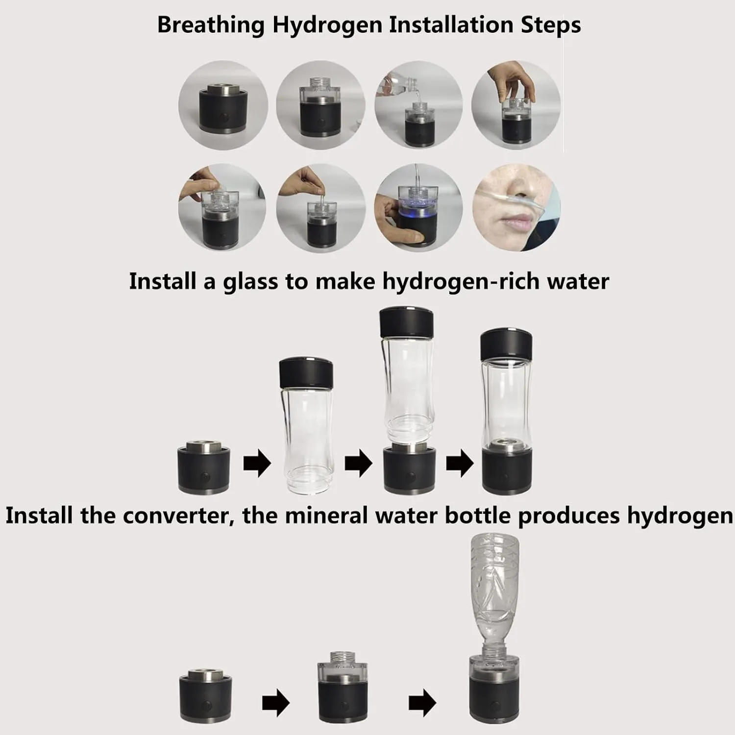 Water Purifiers, Hydrogen Alkaline Water Bottle Hydrogen Water Ionized Generator with SPE and PEM Technology 3 Mins Make Hydrogen Content to 1200-1600 PPB with Inhaler & Bottle Adapter 380Ml