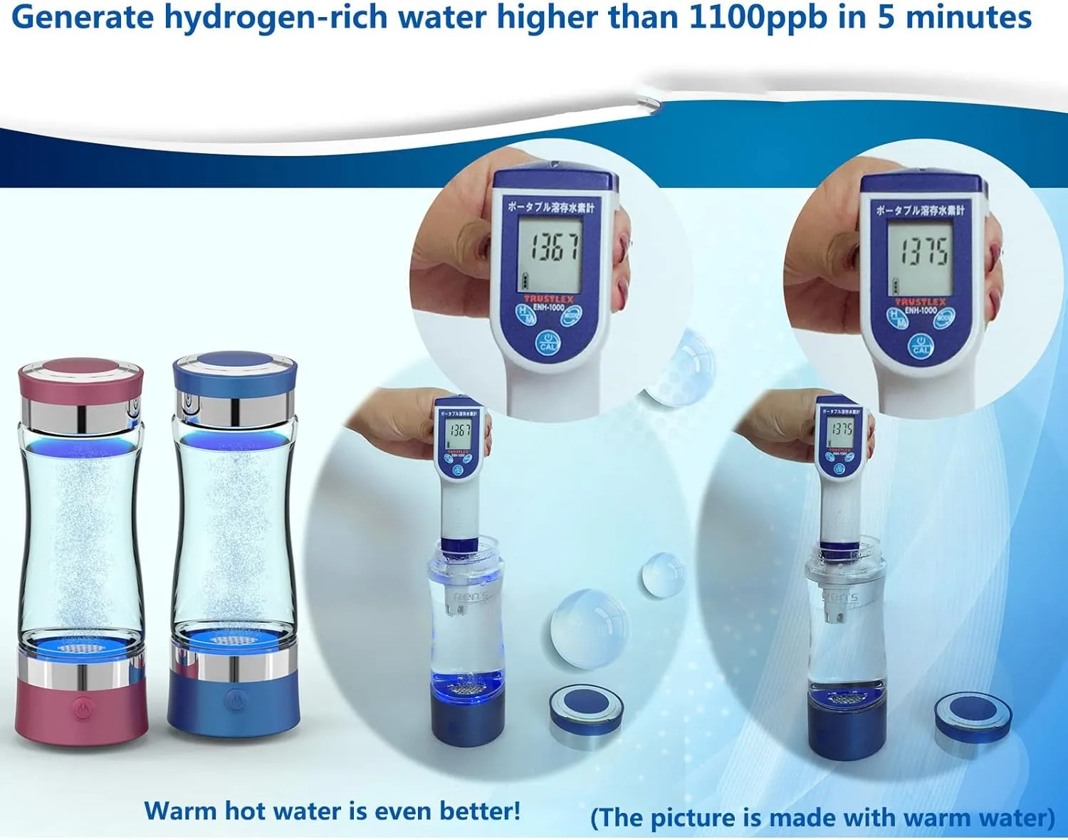 Water Purifiers, Hydrogen Water Bottle Portable Hydrogen Water Ionizer Generator Ionizer SPE/PEM Membrane Technology Make Hydrogen Content Up to 1000-1200 PPB High Concentration USB Rechargeable 320