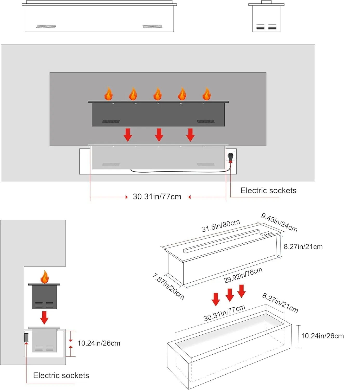 Water Vapor Fireplace Recessed Realistic Atomized Flame, Electric Fireplace with Manual Water Control and Remote Control,with 5ft Power Cord,Size: L31.5 x W7.87x H8.27 in