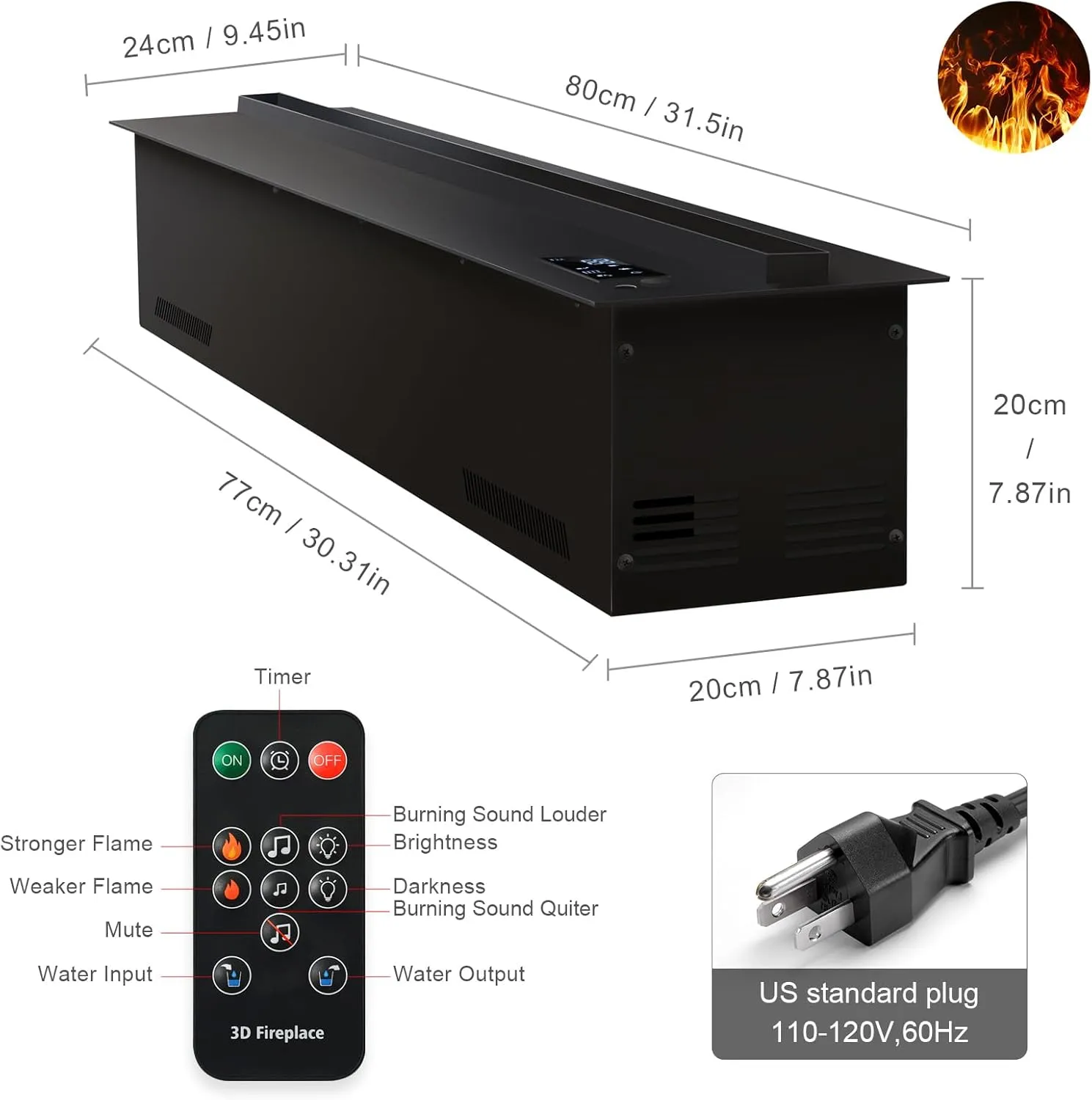 Water Vapor Fireplace Recessed Realistic Atomized Flame, Electric Fireplace with Manual Water Control and Remote Control,with 5ft Power Cord,Size: L31.5 x W7.87x H8.27 in