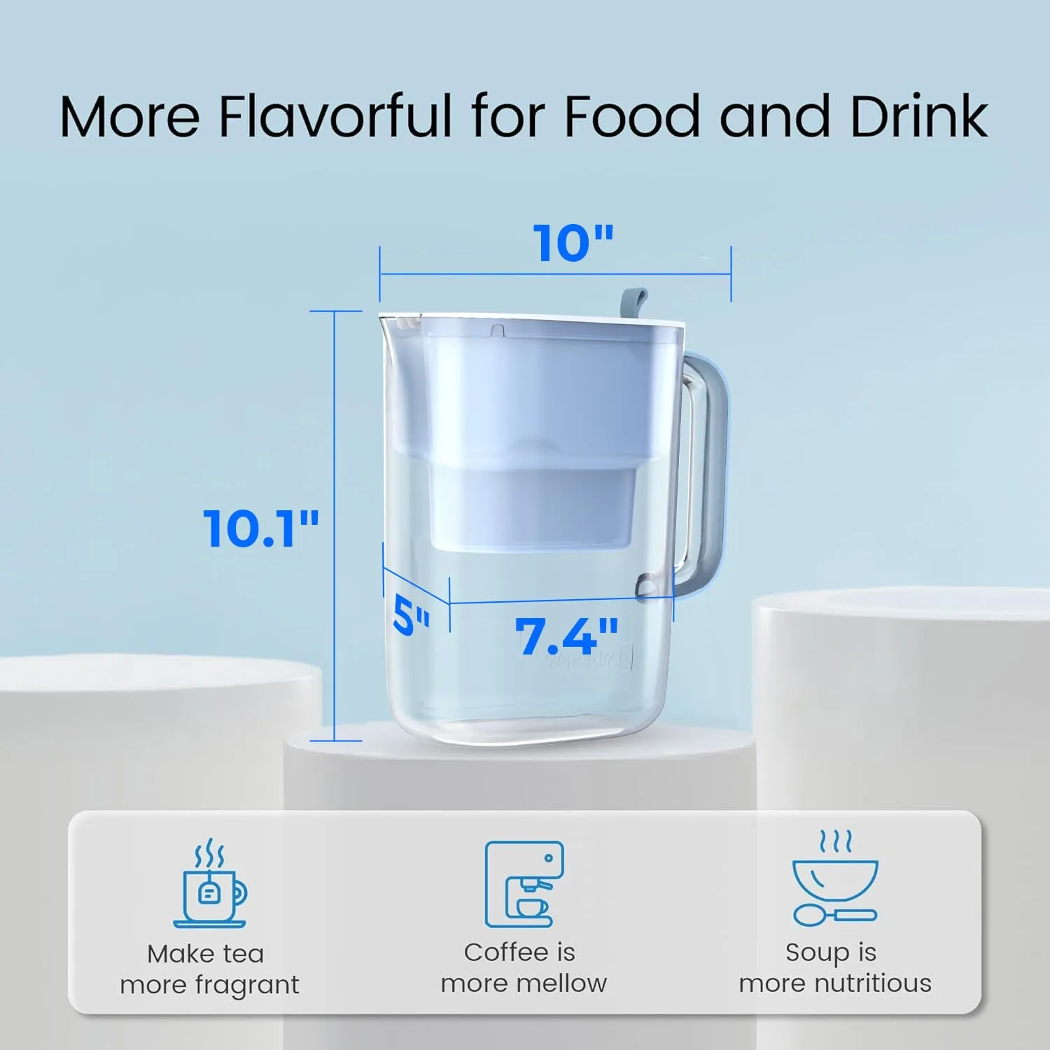 Waterdrop 200-Gallon Long-Life 10-Cup Water Filter Pitcher with 1 Filter, NSF Certified, 5X Times Lifetime, Reduces PFOA/PFOS, Chlorine, BPA Free, Blue
