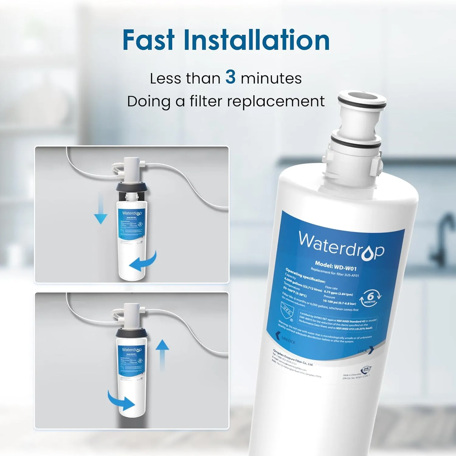 Waterdrop 3US-AF01 Under Sink Water Filter, Replacement for Standard Filtrete® 3US-AF01, 3US-AS01, Aqua-Pure AP Easy C-CS-FF, WHCF-SRC, WHCF-SUFC, WHCF-SUF, NSF/ANSI 42 Certified, Pack of 2