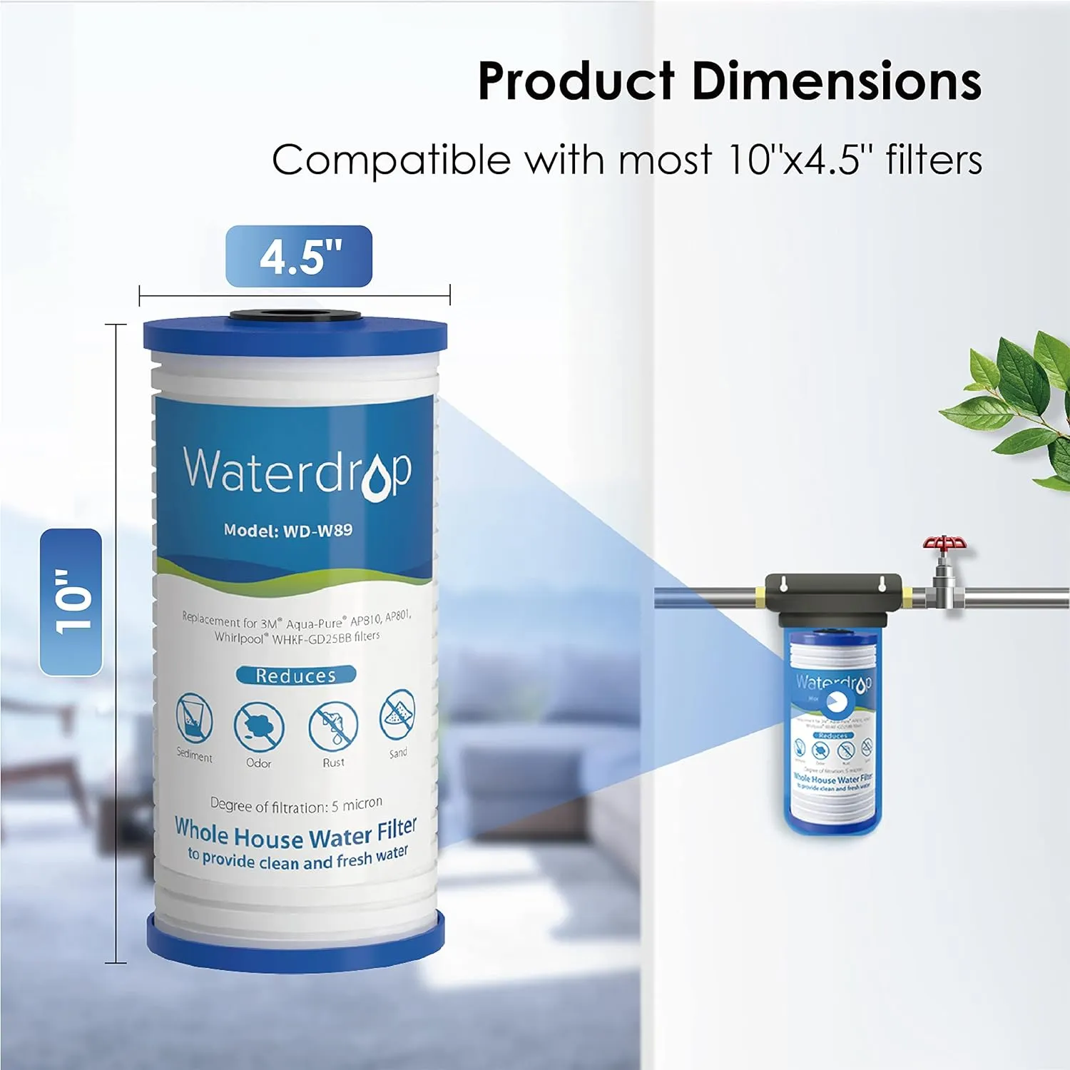 Waterdrop AP810 Whole House Water Filter, Replacement for 3M® Aqua-Pure® AP810, AP801, AP811, Whirlpool® WHKF-GD25BB, WHKF-DWHBB, 5 Micron, 10" x 4.5", Well & Tap Water Filter, Pack of 3