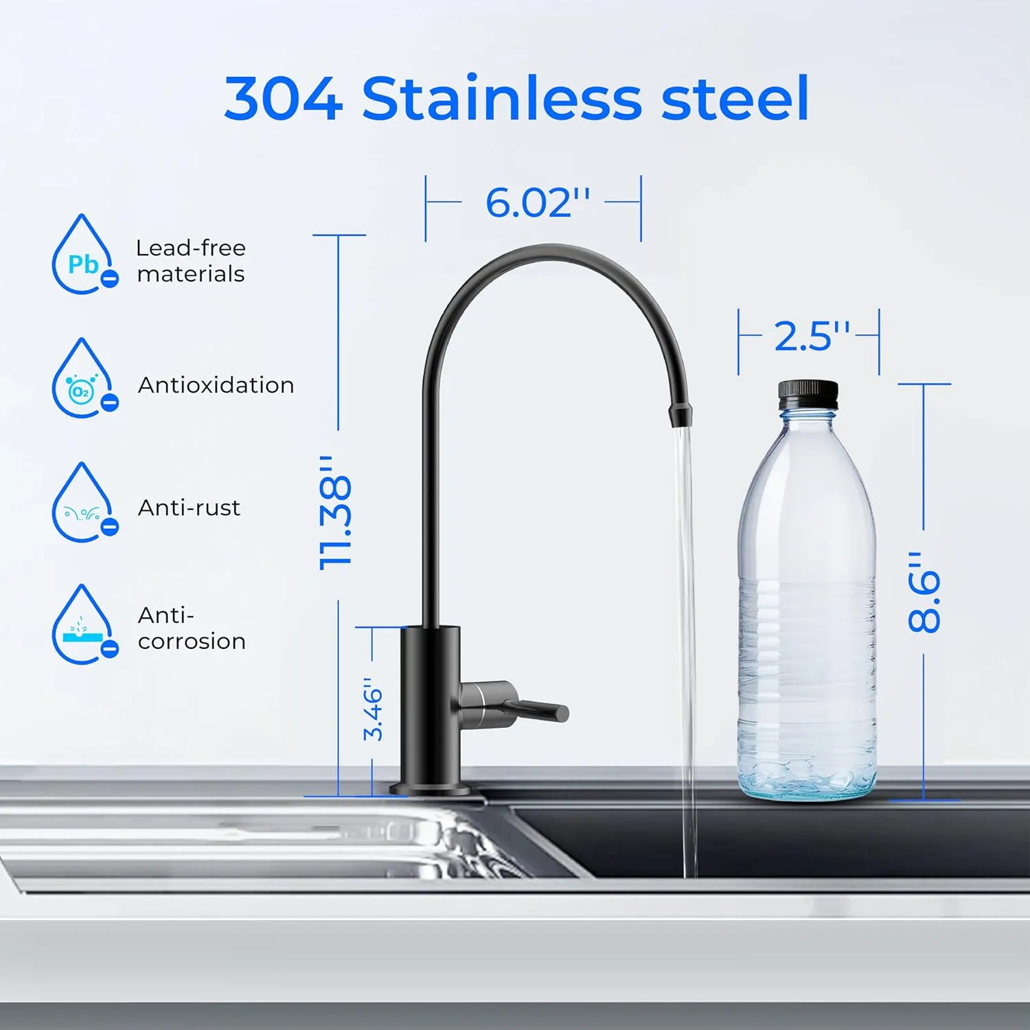 Waterdrop Filtered Water Faucet for Kitchen Sink, Reverse Osmosis, Stainless Steel, Black