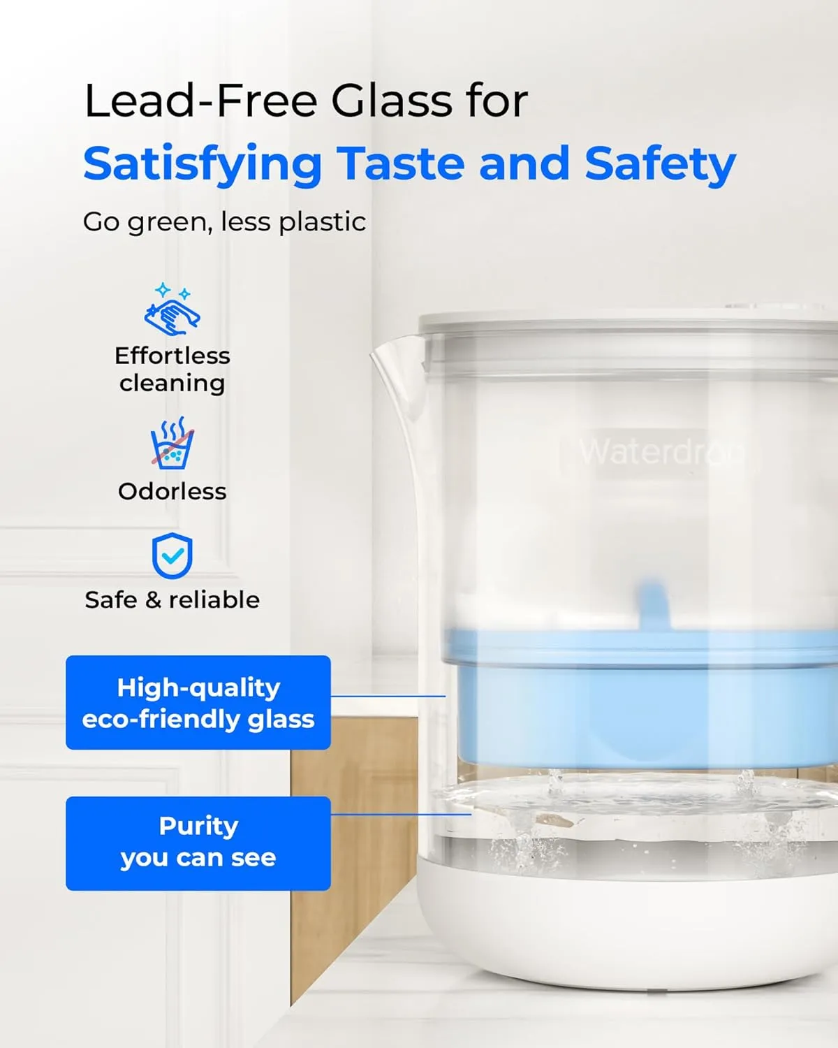 Waterdrop Glass Alkaline Water Filter Pitcher with 1 Filter, Enhances Alkaline Water, Eco-Friendly, 7-Cup, for Home and Office, Reduces PFOA/PFOS, Chlorine, Cadmium, Copper, Mercury, Clear