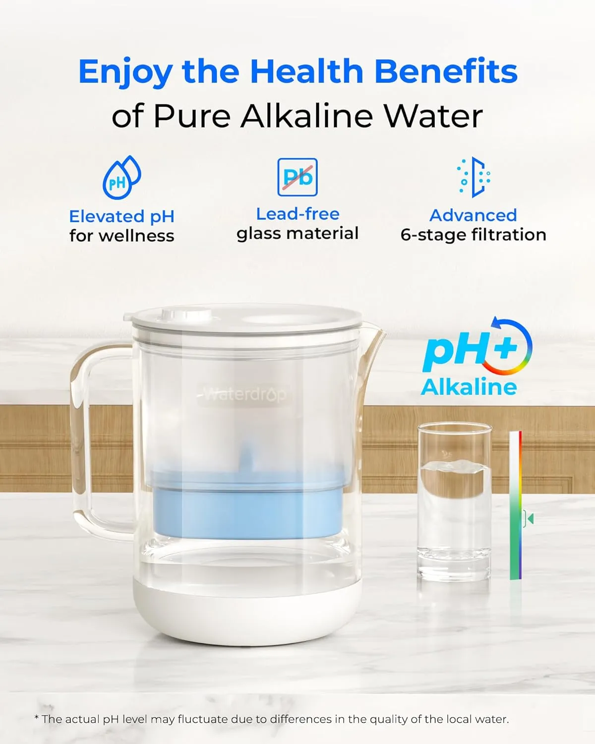 Waterdrop Glass Alkaline Water Filter Pitcher with 1 Filter, Enhances Alkaline Water, Eco-Friendly, 7-Cup, for Home and Office, Reduces PFOA/PFOS, Chlorine, Cadmium, Copper, Mercury, Clear
