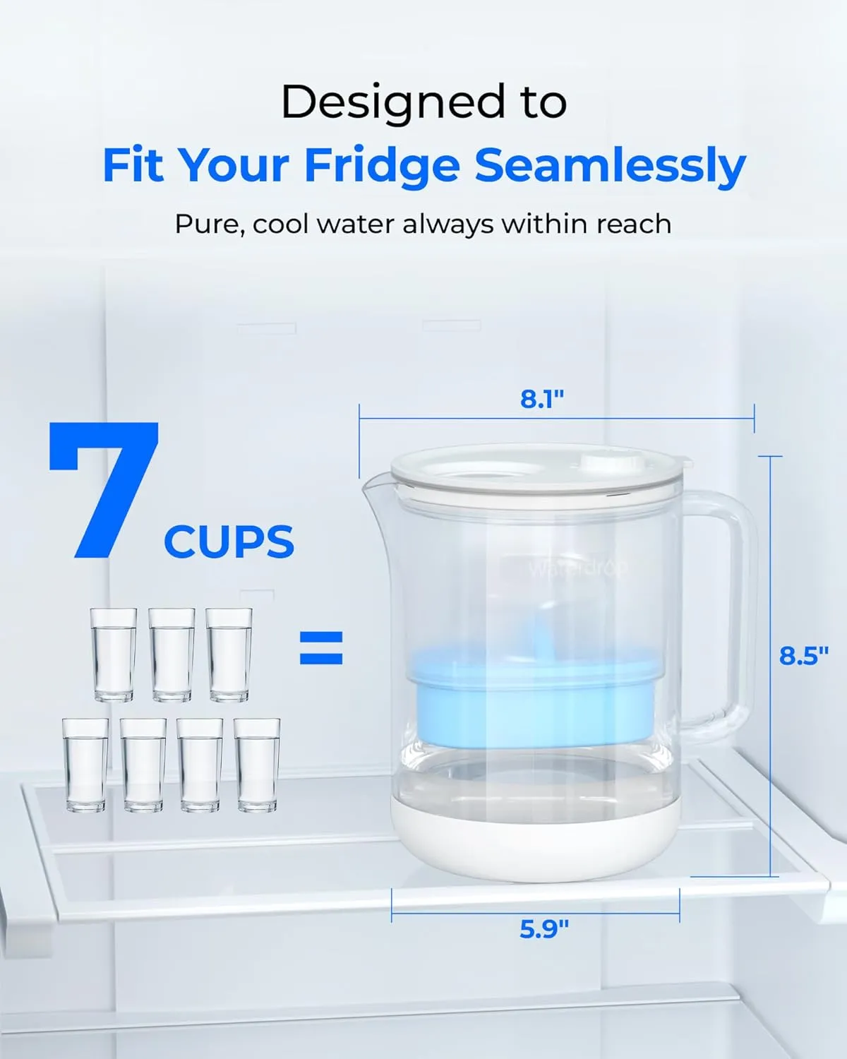 Waterdrop Glass Alkaline Water Filter Pitcher with 1 Filter, Enhances Alkaline Water, Eco-Friendly, 7-Cup, for Home and Office, Reduces PFOA/PFOS, Chlorine, Cadmium, Copper, Mercury, Clear